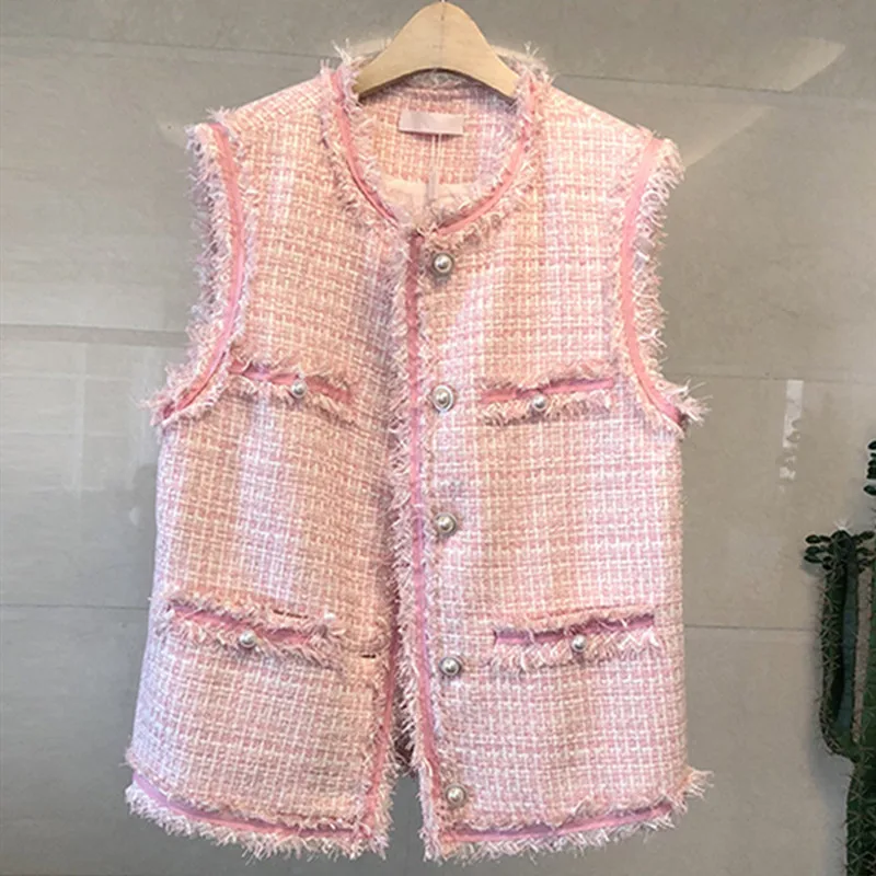 New Tweed Vest Women Outside Retro Jacket Chaquetas Mujer Invierno 2022 Gothic Pink Sleeveless Vest Campera Mujer N9659