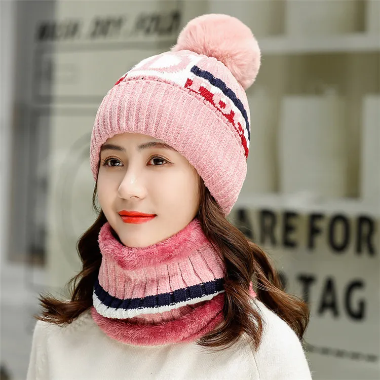 Pink Фирменная Новинка, ветрозащитная шапка для велоспорта, шерстяная шапка, вязаные шапки для женщин, бархатная Плотная шапочка, шапка Skullies, нагрудник, женский костюм - Цвет: Pink