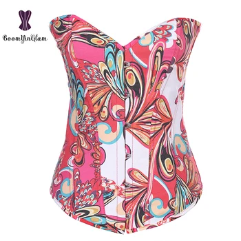 

Floral Corset Gothic Steampunk Denim Sexy Overbust Corset Waist Bustier Cincher Red Floral Boned Corset Shaper
