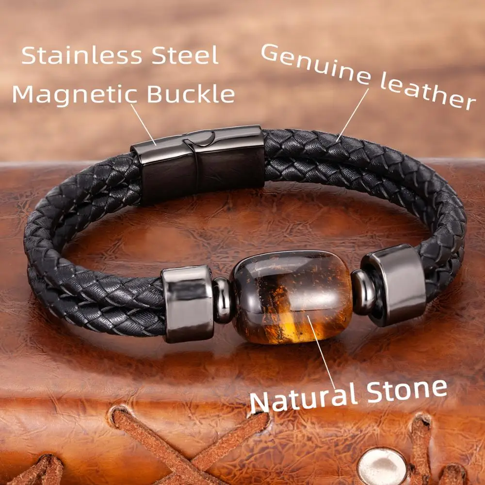 Charm Stone Bead Genuine Leather Bracelets For Men 2020 Fashion Stainless Steel Clasp Multilayer Rope Bracelet Male Jewelry Gift - Image 6