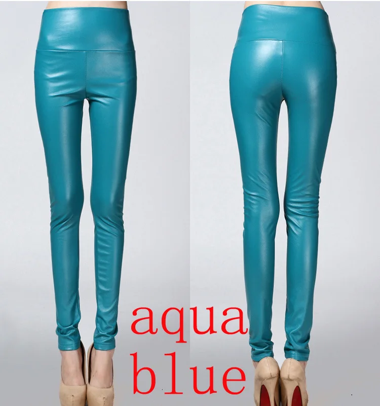 aqua blue Женские леггинсы на осень и зиму, обтягивающие леггинсы из искусственной кожи, облегающие леггинсы из искусственной кожи, женские модные брюки из плотного флиса - Цвет: aqua blue