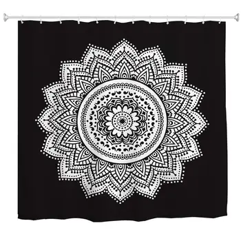 

Black and White Mandala Shower Curtain, Ethnic Retro Bohemian Mandala Flower Art Print Bath Bathroom Curtain, Black Polyester