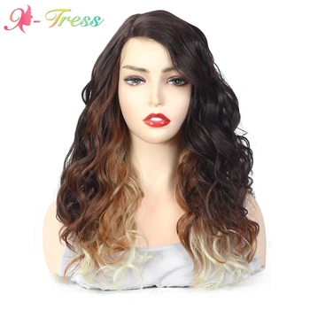 

X-TRESS Lace Part Synthetic Wigs Ombre Brown Color Medium 20inch Wave Wig for White Women Heat Resistant Hair Free Ship