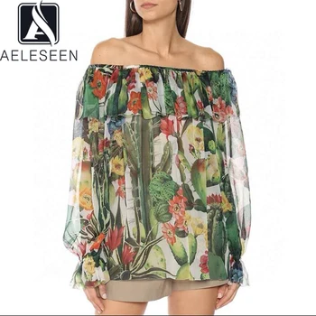 

AELESEEN Luxury 100% Silk Blouse Runway Fashion Slash Neck Lantern Sleeve Green Flower Print Ruffles Holiday Elegant Blouse