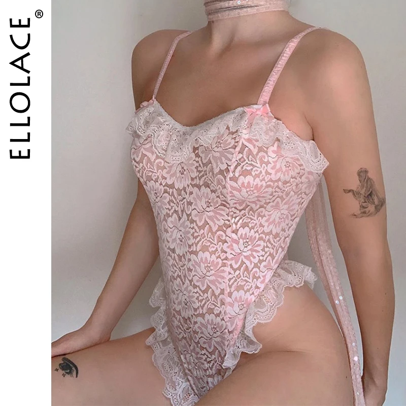 Ellolace Lace Body Sexy Ruffle Women Bodysuit Sleeveless Rompers Bodycon See Through Women's Jumpsuit Sexy Overalls Body Suit Ellolace Lace Body Sexy Ruffle Women Bodysuit Sleeveless Rompers Bodycon See Through Women's Jumpsuit Sexy Overalls Body Suit