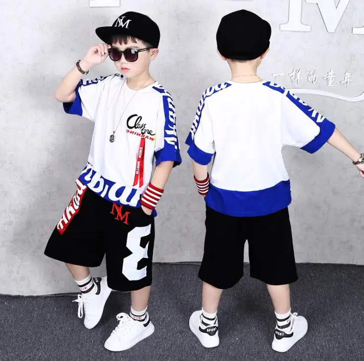 Комплект из 2 предметов; комплекты одежды для мальчиков-подростков; спортивные костюмы для танцев в стиле хип-хоп; хлопковая футболка+ шорты; летняя одежда для мальчиков - Цвет: Синий
