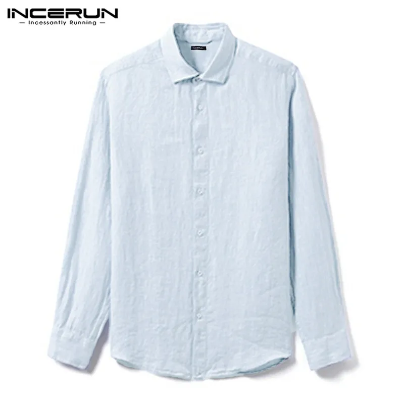 INCERUN Men's Comfort Long Sleeve Business Fashion Casual Shirt Lapel Shirt Solid Color Casual High Quality Literary Shirt - Цвет: Light Blue