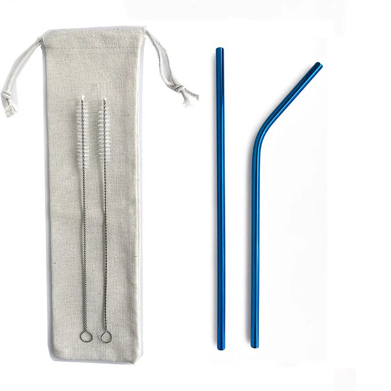 Blue 4Pcs 4/7 шт многоразовые 215*6 мм металлический питьевые соломки, Нержавеющая сталь гнутые прямые соломинка для напитков бар вечерние оптом с сумочкой в комплекте; Новинка; Прямая поставка - Цвет: Blue 4Pcs