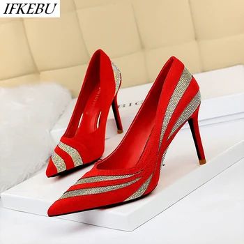 

sexy High Heels shoes Women Pointed Toe crystal pumps fashion Slip on Slides patchwork shallow Stilettos suede Zapatos de Mujer