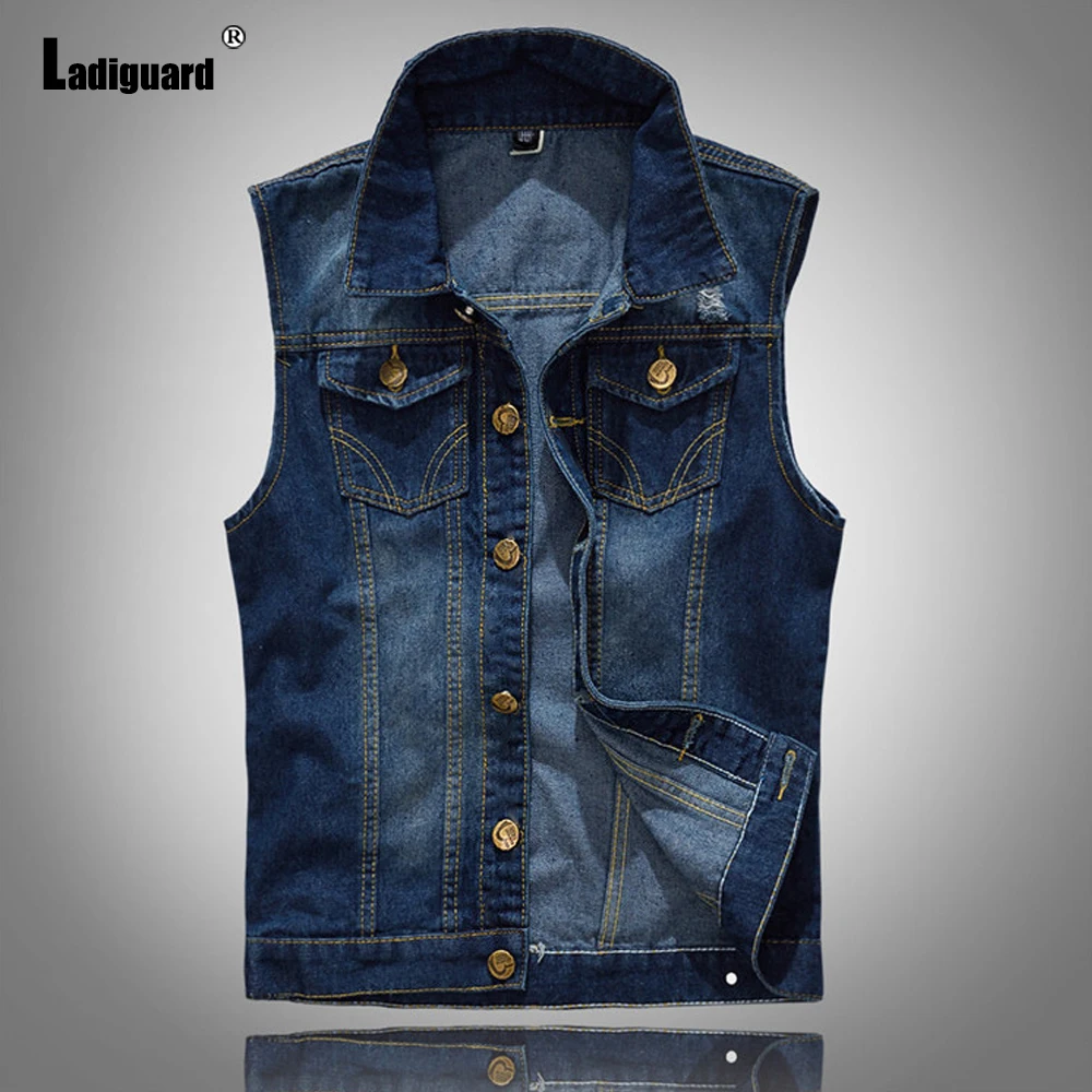 Ladiguard Plus Size 5xl 6xl Men Denim Jackets 2021 Sleeveless Multi-pockets Jean Vest Tops Sexy Mens Hole Ripped Jeans Jacket fashion jumpsuits woman 2023 summer denim bodysuits skinny sexy front open turn down collar pockets buttons jeans shorts rompers