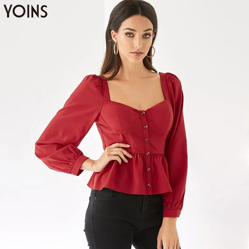 YOINS, Осень-зима, блузки для женщин, красный цвет, длинный рукав, квадратный вырез, пуговицы спереди, блузка, повседневная, для отдыха, элегантная женская блуза