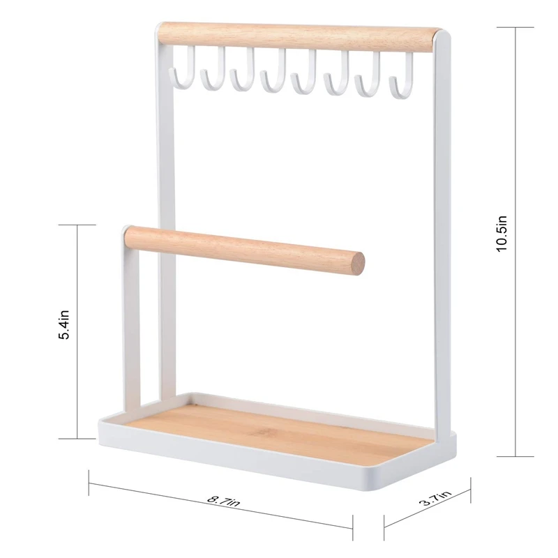 Jewelry Display Stand Holder with Wooden Ring Tray and Hooks Storage Necklaces Bracelets Rings Watc