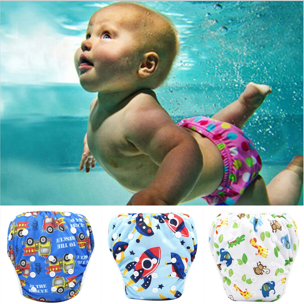 Pañales de natación reutilizables para bebés, ajustables, con dibujos animados, lavables