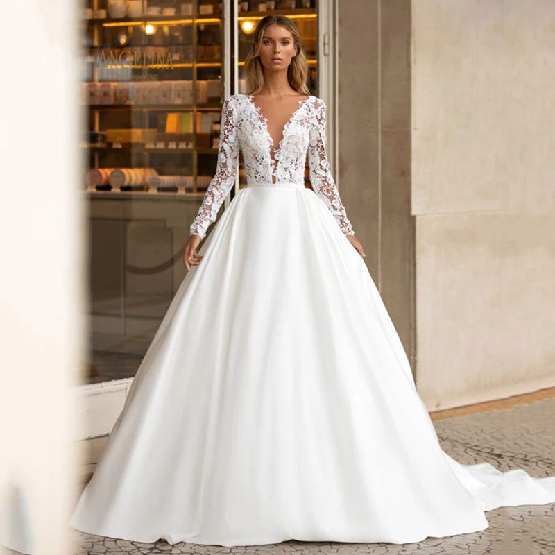 

Smileven Satin Wedding Dress A Line Long Sleeve Top Lace Bridal Dresses Robe De Mariee Backless Wedding Dress Custom Made