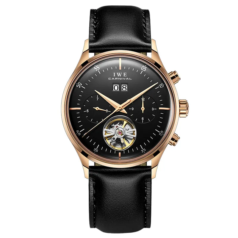 Новинка, Tourbillon, автоматические часы для мужчин, Карнавальная мода, кожаный ремешок, мужские механические часы, водонепроницаемые наручные часы, montre homme - Цвет: gold black