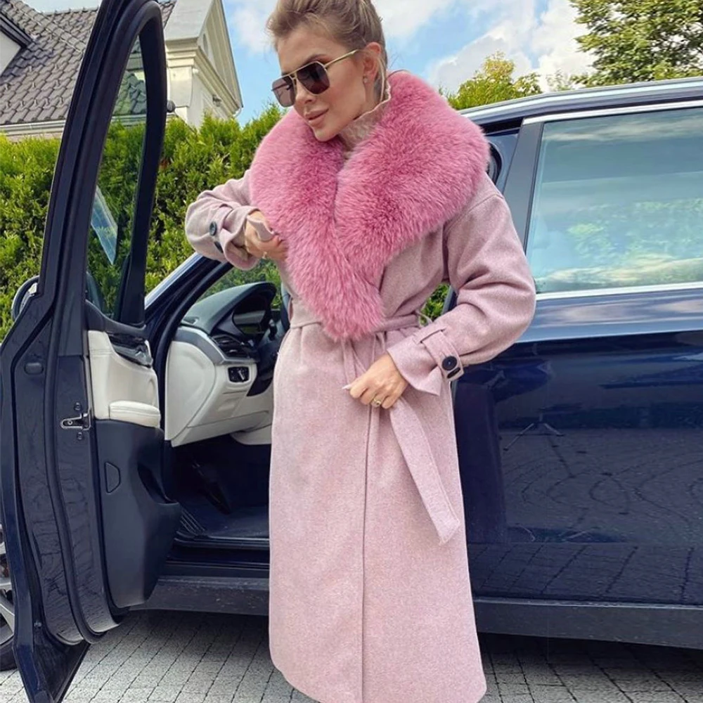 Real Fox Fur Cashmere Overcoat Long Luxury Woman Winter Trendy Genuine Fox Fur Collar Wool Blends Coat with Belt Outwear Female