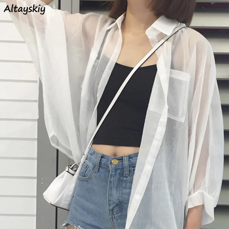 Camisas de gasa fina para mujer, blusas transparentes suaves y transpirables, blusas básicas combinan con todo, holgadas, elegantes, de y camisas| -