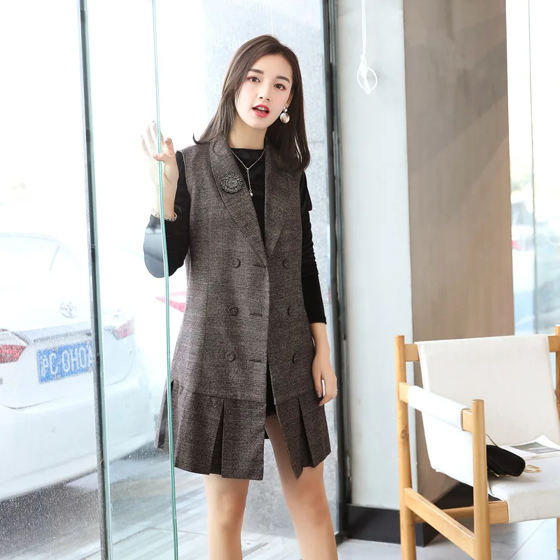 

Plaid Suit Waistcoat Female Autumn Large Size 2018 New Style Slimming Sleeveless Korean-style Fashion Vest Skirt Women's Mid-len
