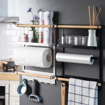 

Japanese Simple Iron Refrigerator Rack Kitchen Storage Magnetic Hanging Organizer Rack Shelves Spice Holder Towel Roll V3R6