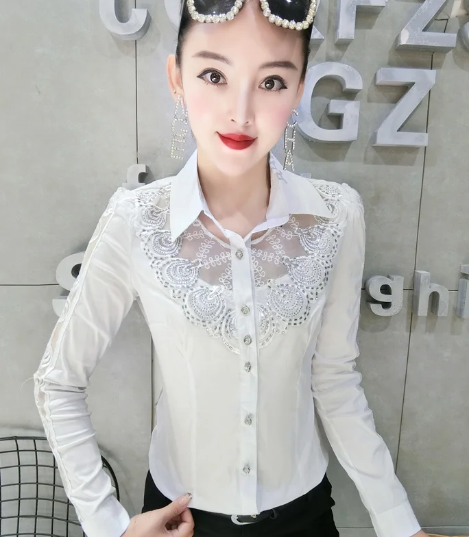 Dingaozlz элегантная кружевная женская блузка с вышивкой, белая рубашка, тонкая женская блузка с вышивкой - Цвет: white