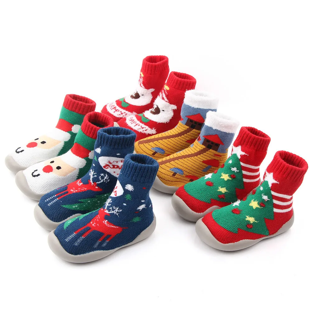 Fashion Baby Girls Boys Cute Cartoon Non-slip Cotton Toddler Floor Socks Christmas Pattern First Walker Shoes for Newborns