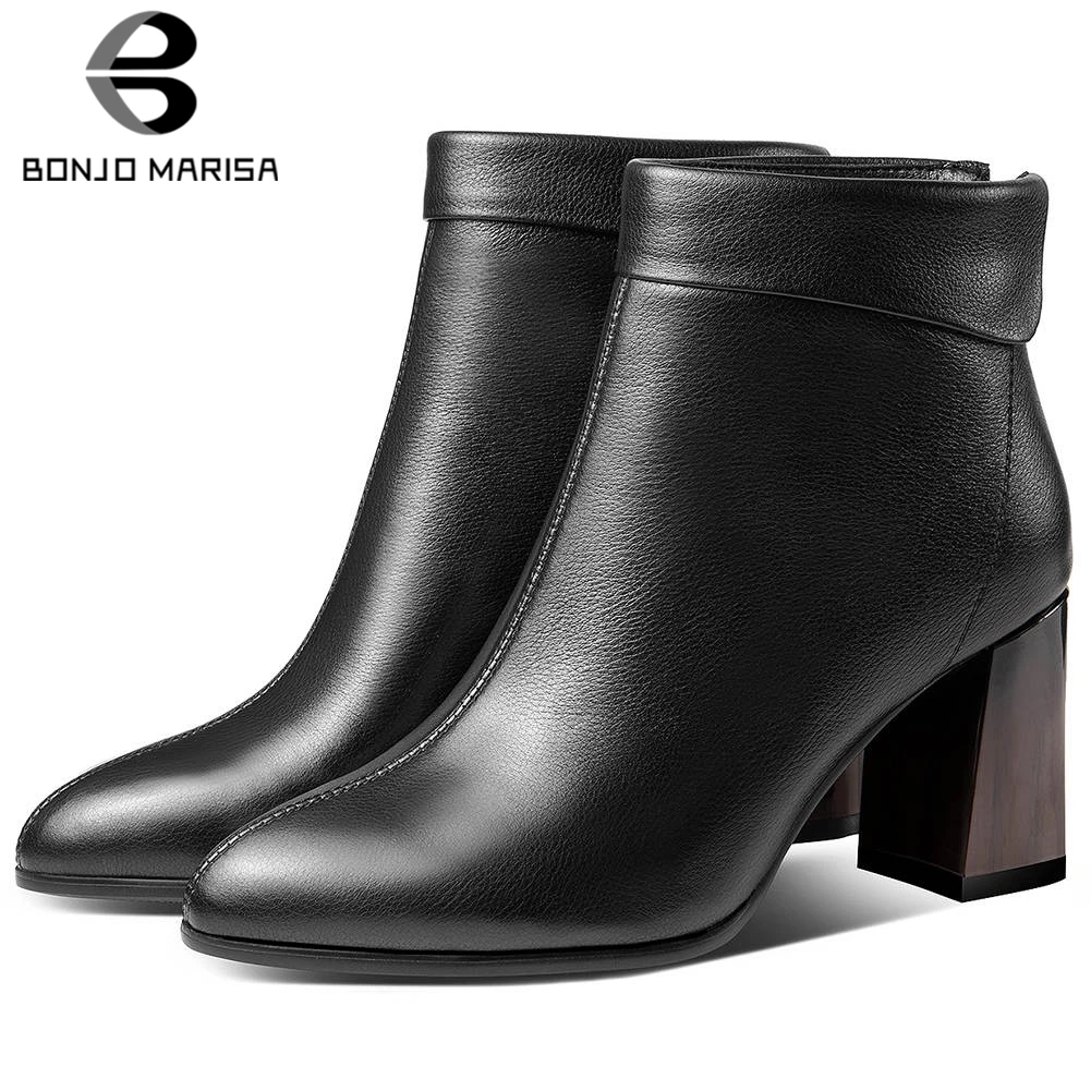 

BONJOMARISA Brand Elegant Black OL Booties Ladies Quality Genuine Leather Ankle Boots Women 2020 High Heels Shoes Woman