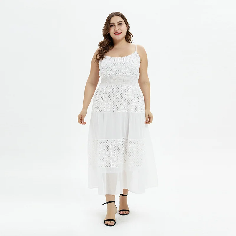 

2019 Large Size Women's Summer New Slash Neck Spaghetti Strap Sleeveless Cotton Cloth Embroidered Strap Fresh Elegant Dress