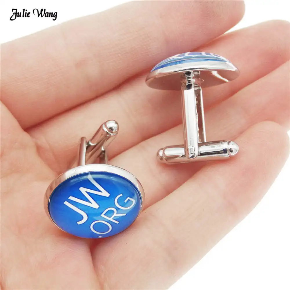 

Julie Wang 1Pair Blue Glass JW.ORG Jehovah's Witnesses Cufflink Alloy Flatback Cabochon Shirt Sleeve Button Men Jewelry Gifts