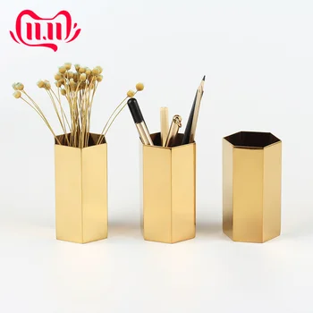 

Nordic Style Copper Geometric Pen Container Home Office Storage Box House Desk Zakka Organizer Stainless Steel Gold Insert Vase