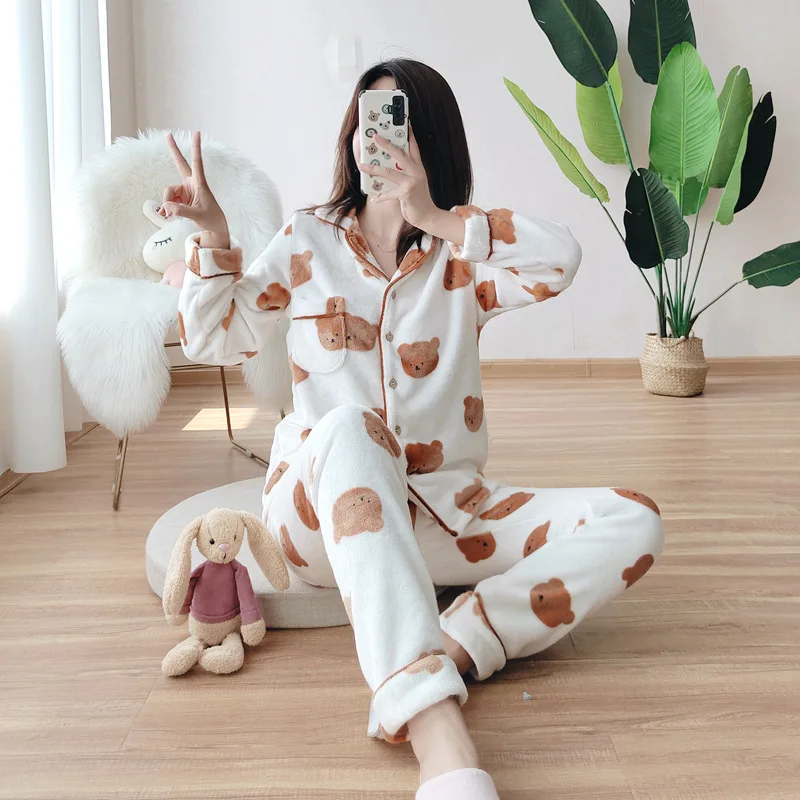 

Women And Men Autumn Winter New Coral Velvet Pajamas Set Thick Warm Flannel Home Clothes Loose Casual Two Piece Suit Sleepwear