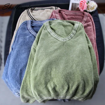 

Shellsuning V Neck Chenille Solid Soft Sweater Winter Female Casual Loose Stripe Pullover Women Splice Warm Soft Knit Jumper Top