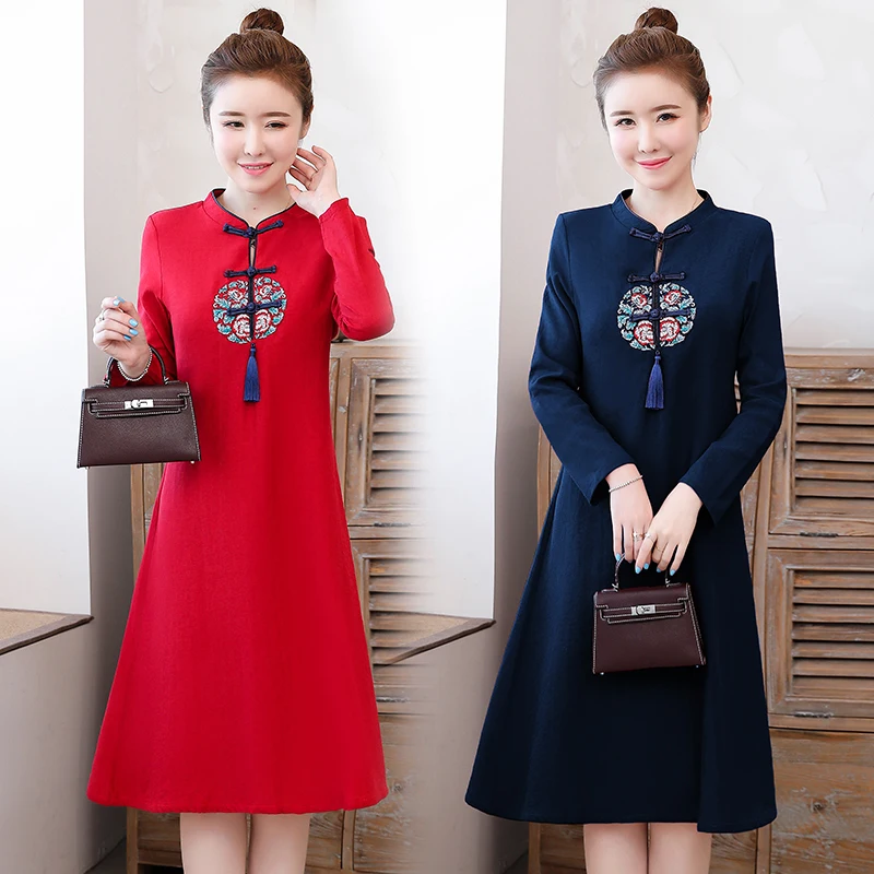Женское платье-Ципао из хлопка и льна элегантное модифицированное