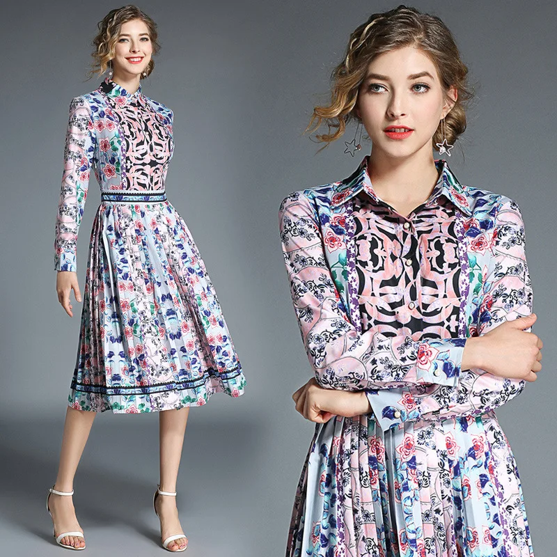 

Photo Shoot 2018 Early Autumn New Products Europe And America Retro Contrast Color Printed Long Sleeve Pleated Long Dress