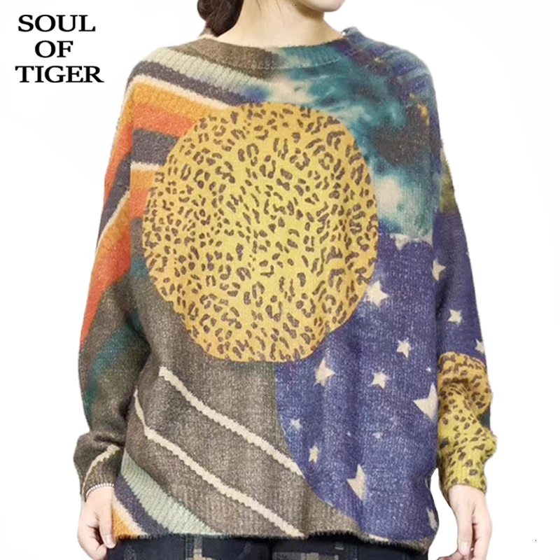 

SOUL OF TIGER 2019 Korean Fashion Ladies Luxury Printed Sweaters Womens Leopard Patchwork Knitted Jumpers Warm Cotton Pullovers