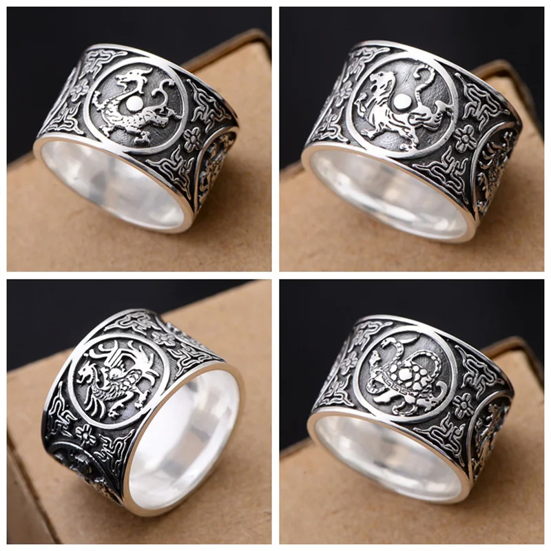Винтажное мужское кольцо из серебра 999 пробы, 4 животного, дракон, тигр, птица, черепаха, Китайская традиционная культура, чистое серебро, ювелирное изделие