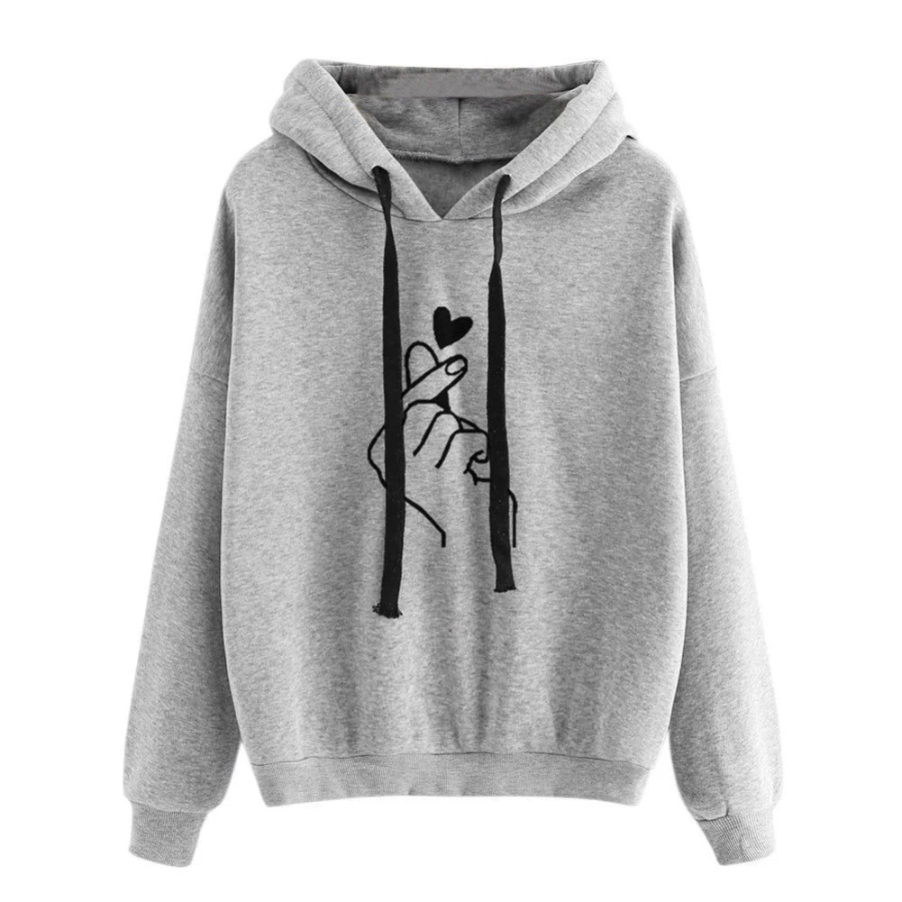 Hoodies Women Snap Finger Heart Print Long Sleeve Hooded Sweatshirt Top Casual Solid Color Sportswear S-3XL kpop худи женские