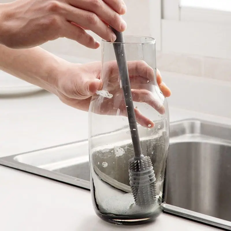 Cepillo de silicona para taza, limpiador de vidrio, herramienta de limpieza de cocina, mango largo, cepillo de limpieza para botella de vidrio 2