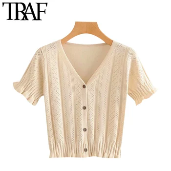 

TRAF Women Fashion Ruffled Cropped Knitted Cardigan Sweater Vintage V Neck Short Sleeve Female Outerwear Chic Tops