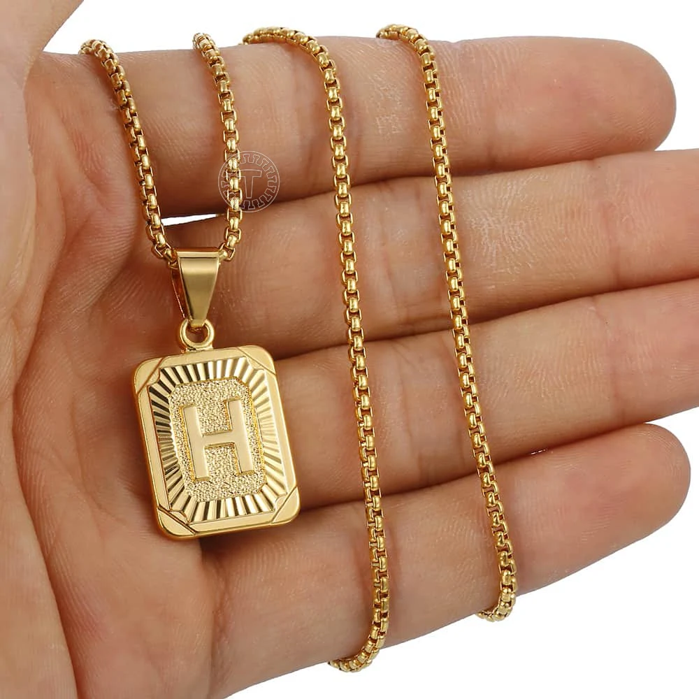 Initials Pendant Letter Name Necklace For Women Men Gold Silver Color Square Alphabet Charm Box Link Chain Couple Jewelry GPM05