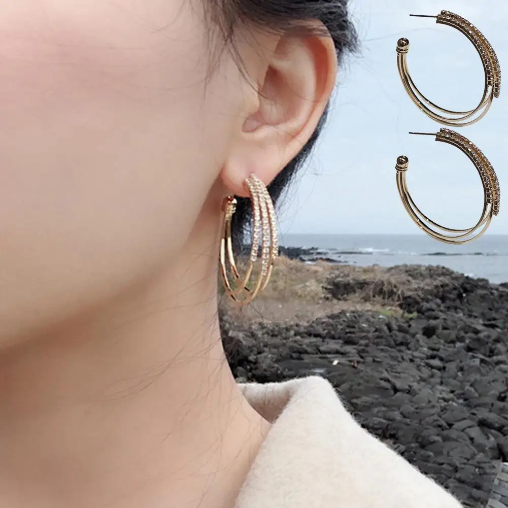 

Wedding Engagement Triple Circle Rhinestone Inlaid Women Hoop Earrings Jewelry New Chic