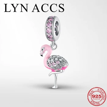 

925 sterling silver Sparkling CZ Pink Enamel Flamingo Fine Pendant Beads Fit Original Pandora Charm Bracelet Jewelry Making