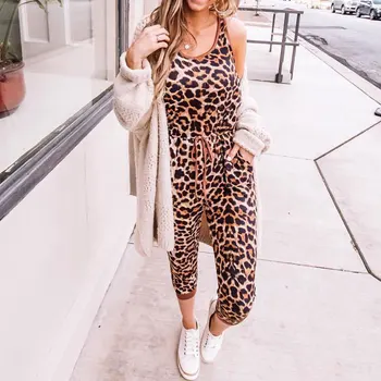 

2020 Summer Long Jumpsuit Leopard Ladies Skinny Jumpsuit Female O-neck High Waist Sleeveless Sexy Romper Overalls For Women