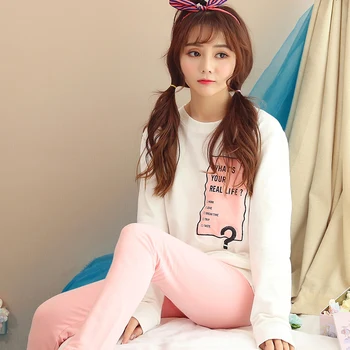 

100% Cotton Cute Girls Pajamas Sets For Women 2020 Autumn Winter Long Sleeve O-Neck Pyjamas Homewear Lounge Pijama Home Clothing