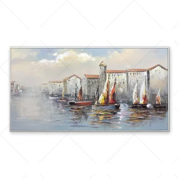 

Pretty City View Colorful Ship Sea View Oil Painting Canvas For Room Decor Modern 100% Handmade Picture Hand Painted Painting
