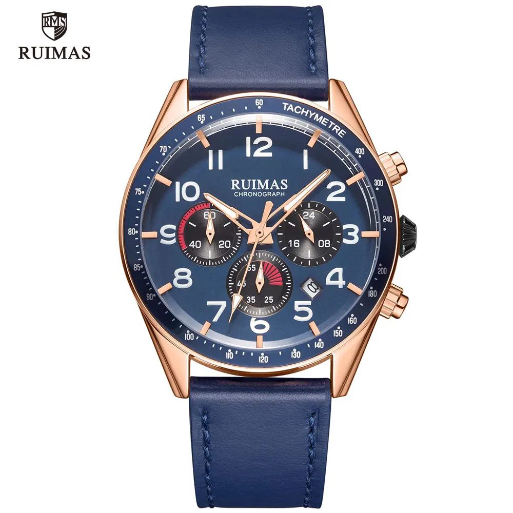 RUIMAS мужские военные спортивные часы лучший бренд класса люкс кожаный ремешок наручные часы, светящиеся Хронограф Спортивные мужские электронно-механические наручные часы Мужские часы 574 - Цвет: RL574G-Blue rose