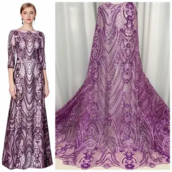

purple French Sequins Tulle Lace Fabric Hot Sale Nigerian Mesh Lace Fabrics 5 Yards African Lace Fabric For Wedding Party