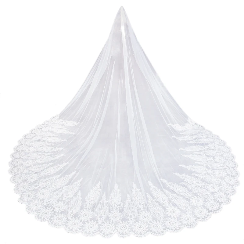 

FGGS-3 Meter One Layer Long Bridal Veil with Comb Tulle Beaded Lace Edge Cathedral Wedding Veil with Wedding Accessories White