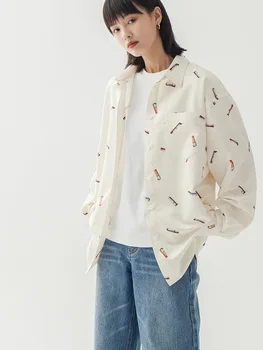

Spring 2020 Lapel Satin Top Long Sleeve Print Shirt Casual Tops For Women Loose Blouses Korean Apricot Cardigan