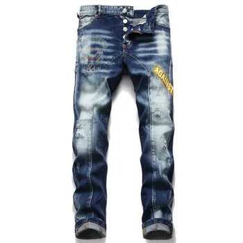 

European Italy blue men dsq brand jeans pants Men slim jeans patchwork letter Moto & Biker jeans pants black hole jeans for men