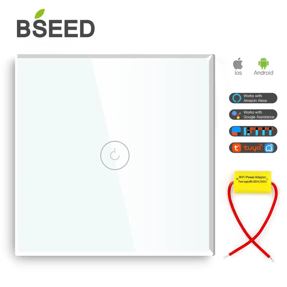 BSEED 1-2-3 Gang Wifi Switch Single Live Wire with Adapter White Smart Touch Switch Backlight